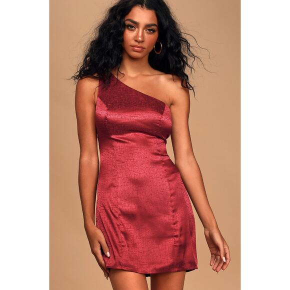 Lulu's Lisette Burgundy Satin One-Shoulder Mini Dress - Picture 1 of 8